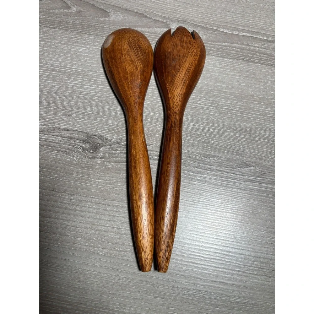 Vintage Handcrafted Wood Salad Server Set Large Spoon and Fork Tapered Handles